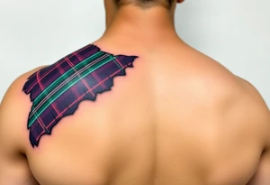 Side of arm Dark Purple with green pink blue and white highlights tartan fabric with skin peeling away at edges tattoo idea