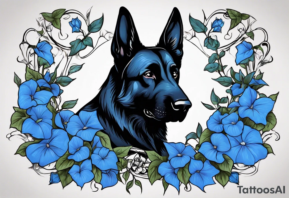 Black German shepherd face surrounded by blue morning glories tattoo idea