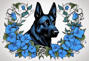 Black German shepherd face surrounded by blue morning glories tattoo idea