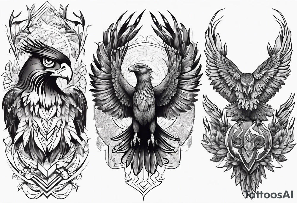 Phoenix with eagle, deer and owl shadowing in the left wing and tiger and raven shadowing in the right wing tattoo idea