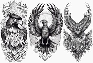 Phoenix with eagle, deer and owl shadowing in the left wing and tiger and raven shadowing in the right wing tattoo idea