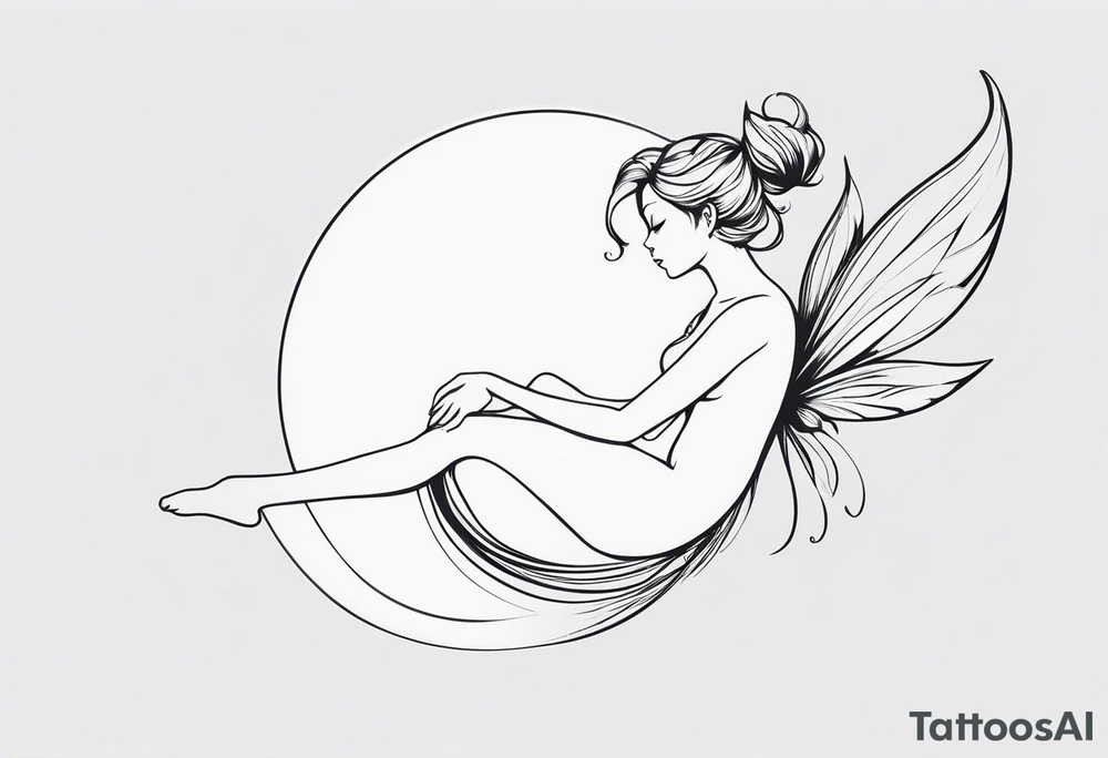 Minimalistic, monochromatic fairy with a tail flying to the left in a fetal position, leaning and looking in the same direction, with visible hands, embodying the 'Fairy Tail' logo aesthetic. tattoo idea