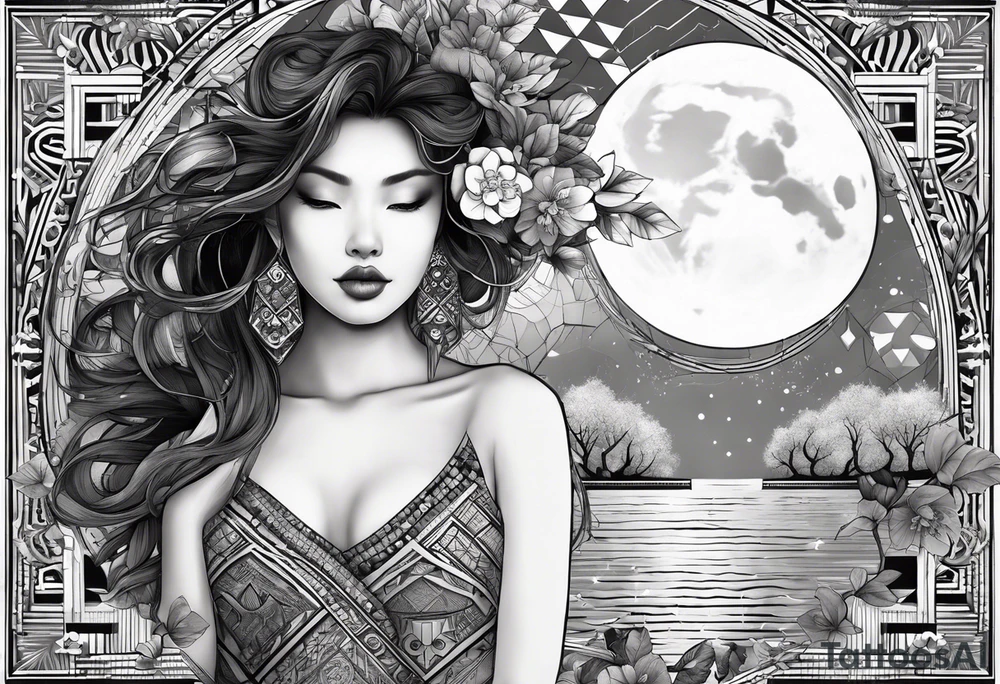 Very asymmetrical, +geometric pattern, with realistic full moon, with hippo,+tribal, +geometric, +inkart , +blackwork, +grey scale, + sketch
with wintersweet flower bud, +inkart touch, +for men, detailed , combined favourite , tattoo idea