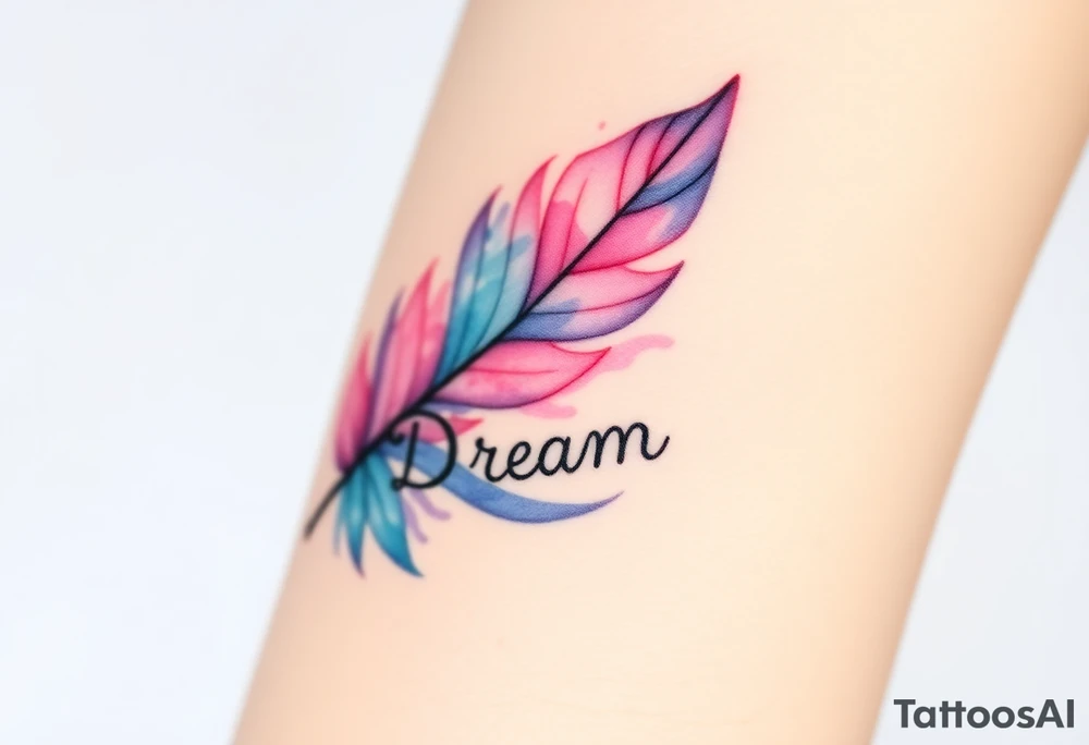 A soft watercolor feather in pastel shades of pink, blue, and lavender, with the word "Dream" gently woven into the strands tattoo idea