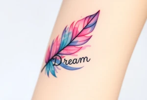 A soft watercolor feather in pastel shades of pink, blue, and lavender, with the word "Dream" gently woven into the strands tattoo idea