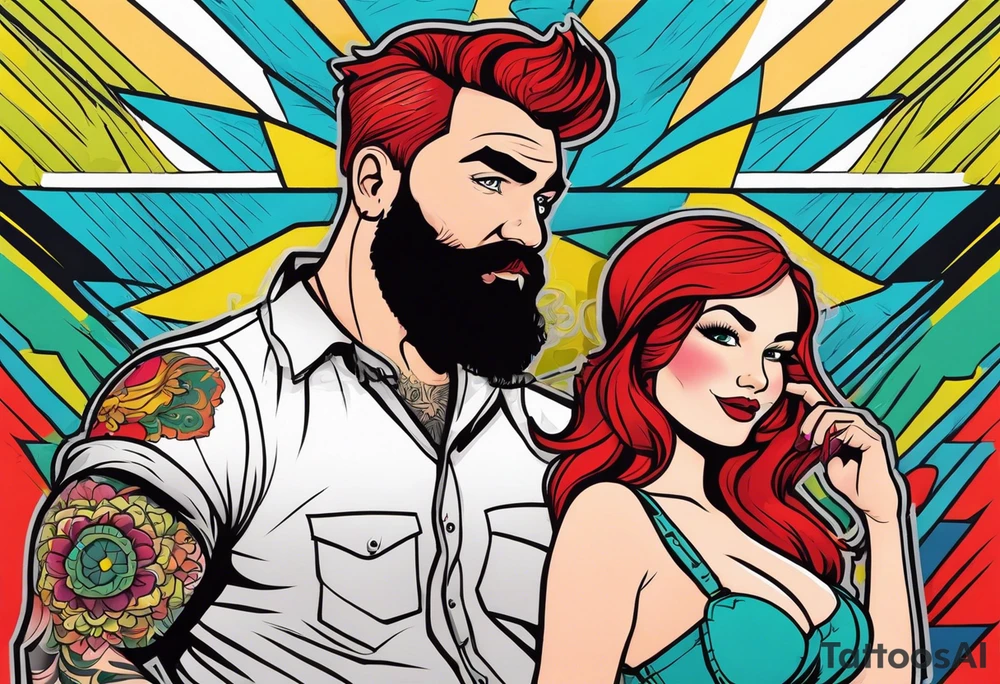 Busty Red haired woman with black haired bearded man tattoo idea