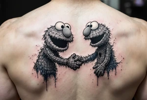 Elmo and spiderman holding hands with a bright colors tattoo idea