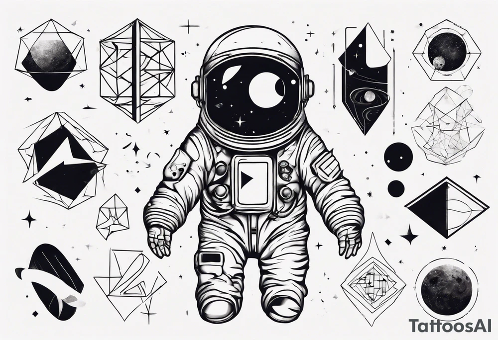 Astronaut floating around geometric lines and shapes tattoo idea