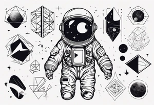 Astronaut floating around geometric lines and shapes tattoo idea