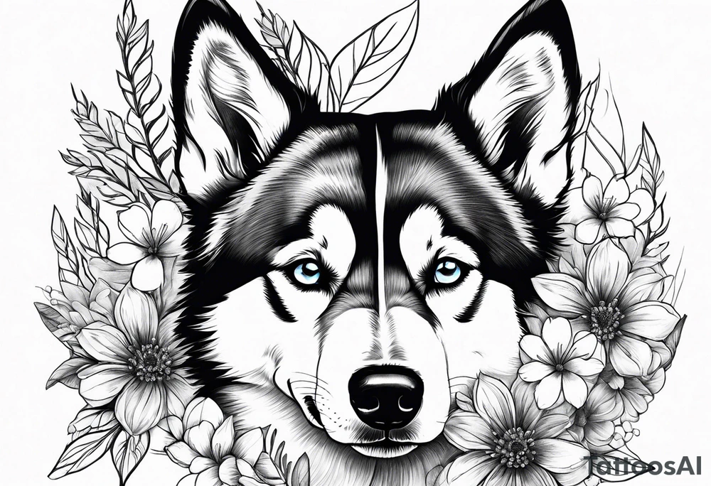 Husky ears with flowers tattoo idea