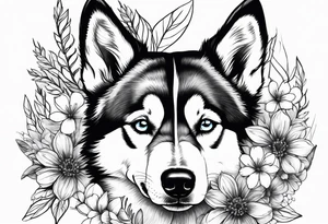 Husky ears with flowers tattoo idea