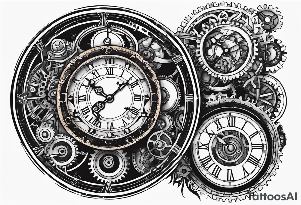 steampunk clock and machine parts tattoo idea