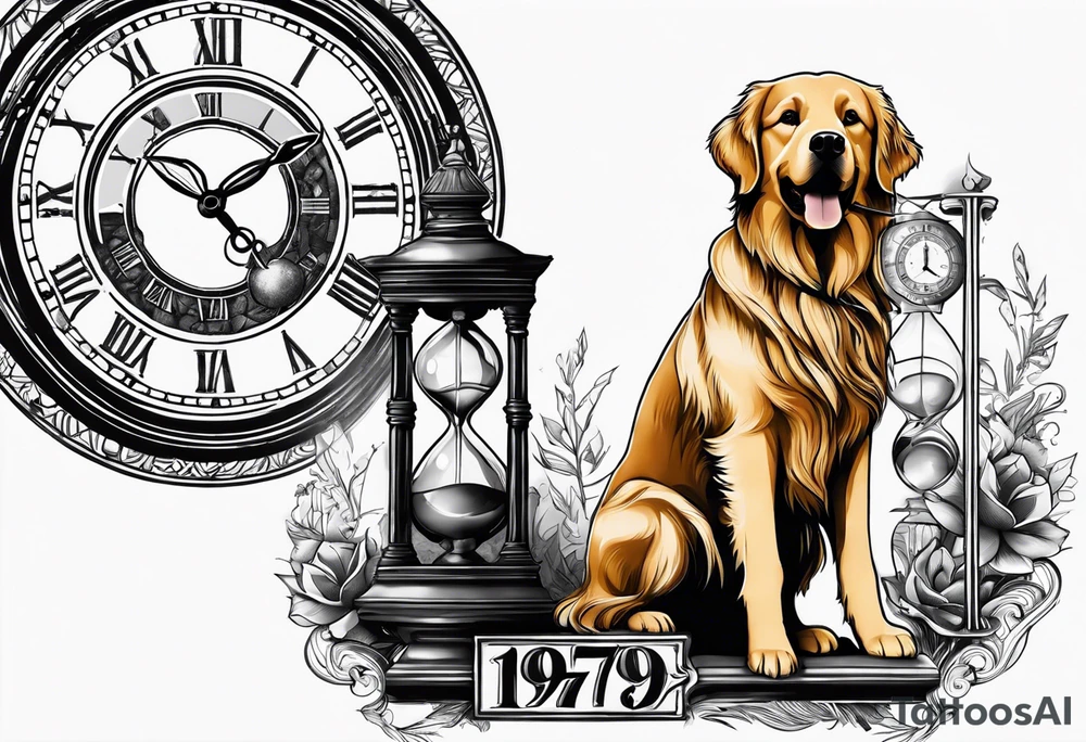 a tattoo mixing a clock and an hourglass in black and white where the year 1979 appears. and a golden retriever head tattoo idea