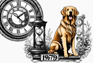 a tattoo mixing a clock and an hourglass in black and white where the year 1979 appears. and a golden retriever head tattoo idea