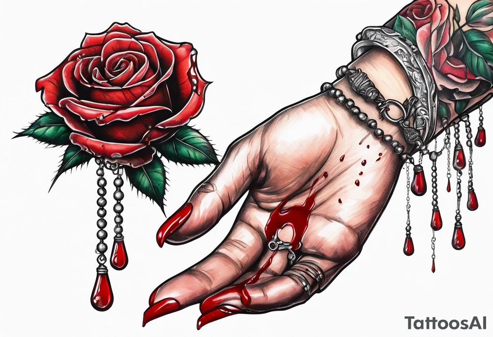 Feminine hand holding a rose with blood dripping down the hand from the thorns with 3 hanging rosary beads. tattoo idea