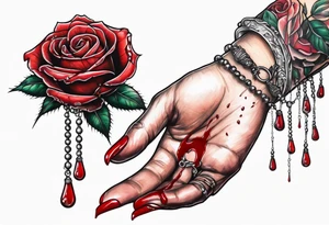 Feminine hand holding a rose with blood dripping down the hand from the thorns with 3 hanging rosary beads. tattoo idea