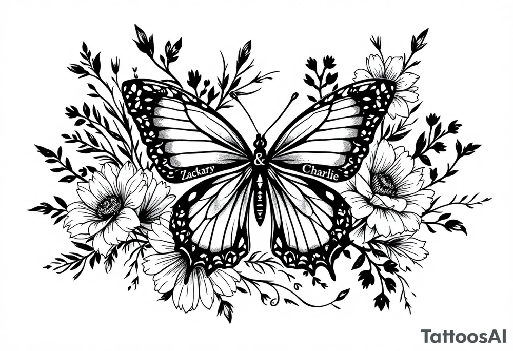 flowers, butterfly with name Zackary and Charlie tattoo idea