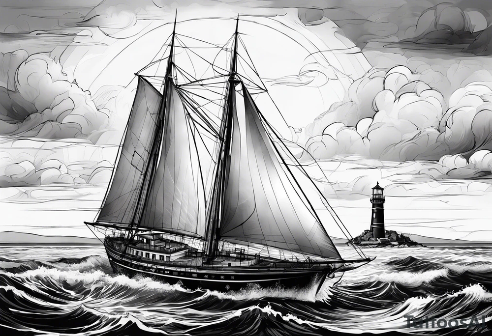 phare maritime dans un bateau a voiles. tattoo idea