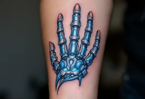 A blue and silver exoskeletal structure integrated with the hand’s contours, mimicking robotic dexterity. tattoo idea