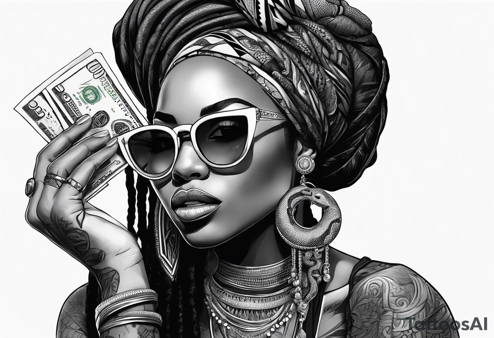 Muslim African woman  with snake dreads biting money sun glasses tattoo idea