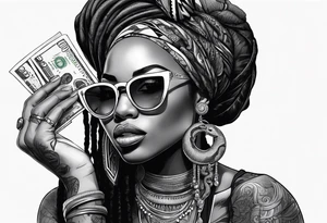 Muslim African woman  with snake dreads biting money sun glasses tattoo idea