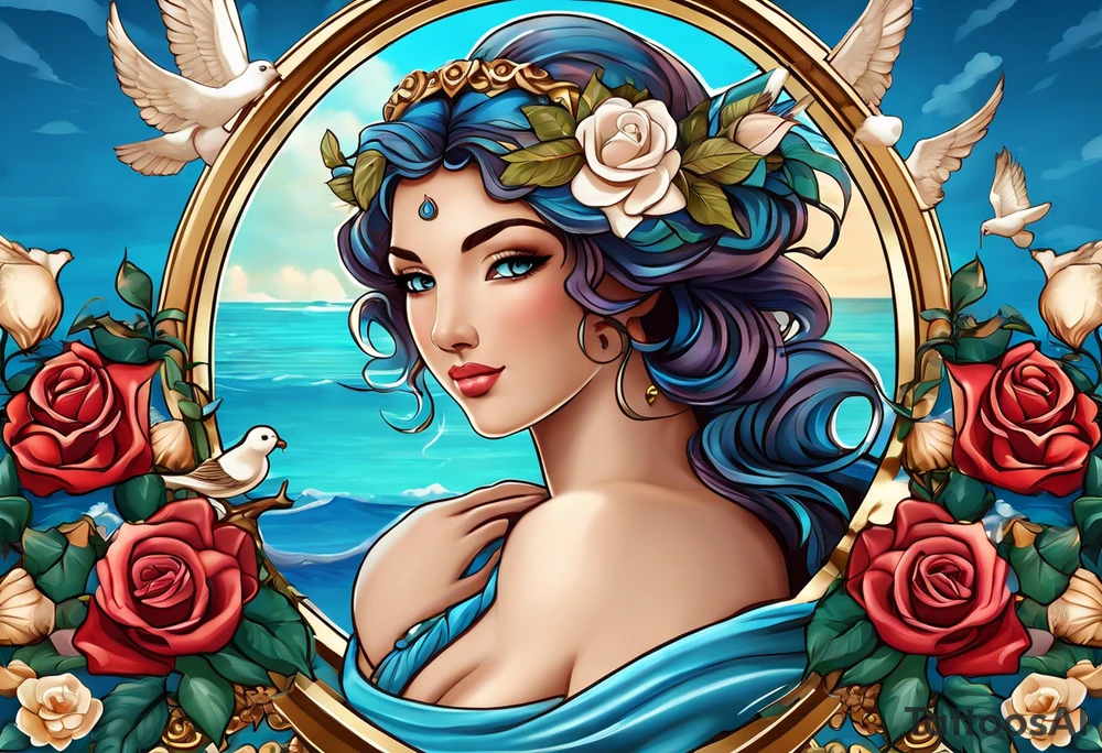 rtrait of AphroPodite: A face or full-length image of the goddess, often in a realistic style, perhaps decorated with flowers, seashells, or doves.rose, doves, shells and a mirror in his hand. background sea, blue roses frames,, romantic,background  fly boy wings and a bow, cupido tattoo idea