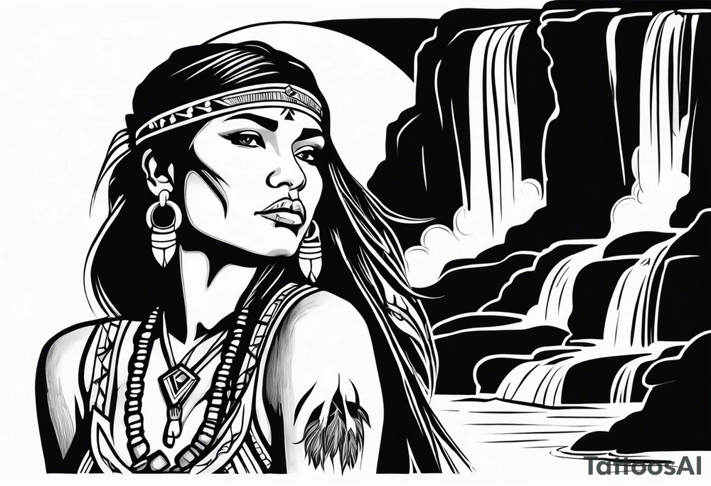 A native American Indian woman by a waterfall she is Aquarius water barrer she has tattoos and her eyes can see right through you tattoo idea