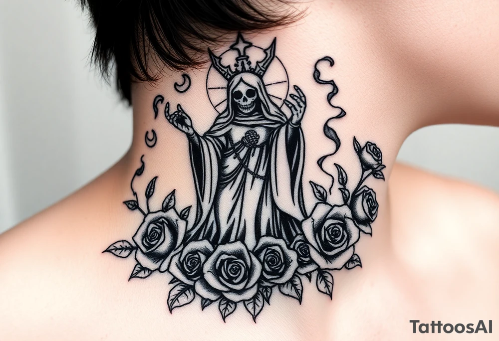 Evil Santa muerte rising out of smoke surrounded by broken roses and rose petals tattoo idea