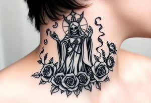 Evil Santa muerte rising out of smoke surrounded by broken roses and rose petals tattoo idea
