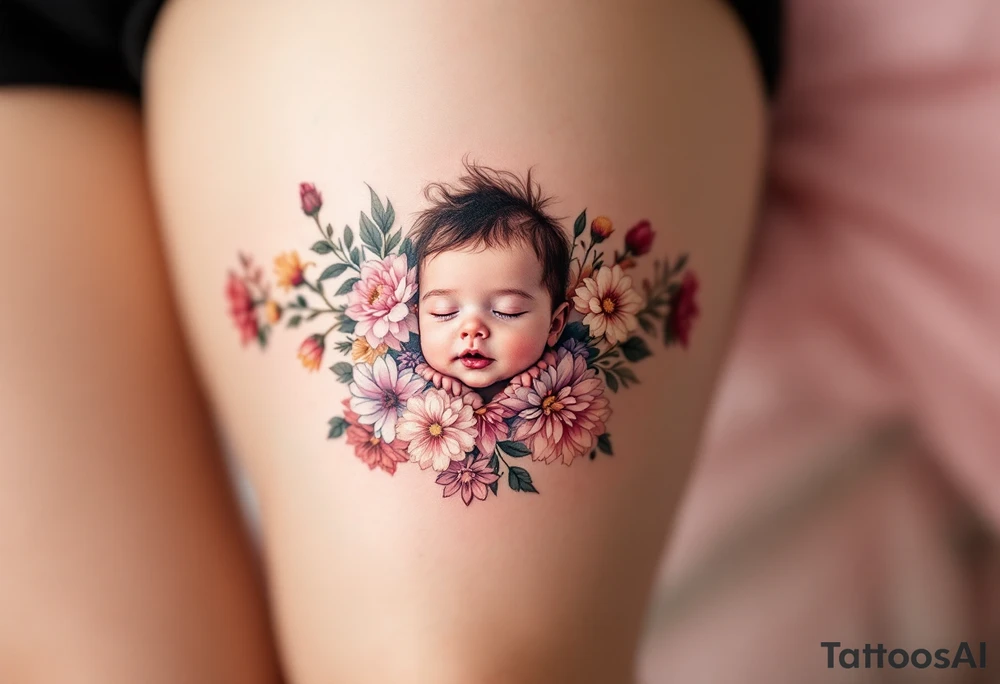 A row of birth flowers with the son’s toddler face in the center, highlighted in full color, while others are shaded in black. tattoo idea