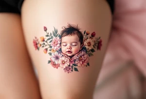 A row of birth flowers with the son’s toddler face in the center, highlighted in full color, while others are shaded in black. tattoo idea
