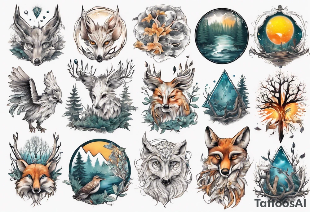 sonne, eule  wald, fuchs 
baum, sapere aude, Wasser, fisch tattoo idea