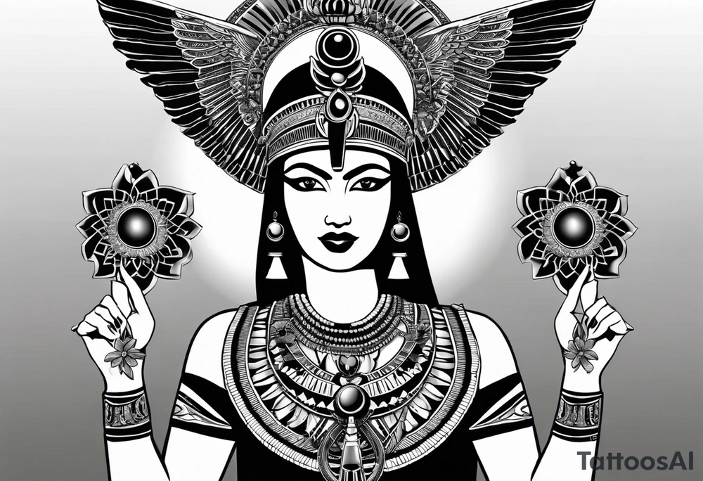 black and white Egyptian goddess Isis, who is often depicted as a woman with outstretched wings, holding an ankh (a symbol of life) in one hand and a lotus flower in the other. Her headdress often includes a throne or a solar disk. The tattoo design can vary in style and size, but it typically aims to capture the essence of this revered Egyptian deity, emphasizing her beauty, power, and maternal qualities. The choice of colors and additional elements can also be customized to create a unique and visually striking representation of the goddess Isis tattoo idea