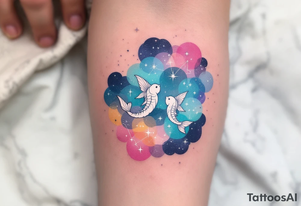 A pastel galaxy background highlights the Pisces star constellation in white ink for a dreamy celestial design tattoo idea