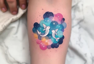 A pastel galaxy background highlights the Pisces star constellation in white ink for a dreamy celestial design tattoo idea