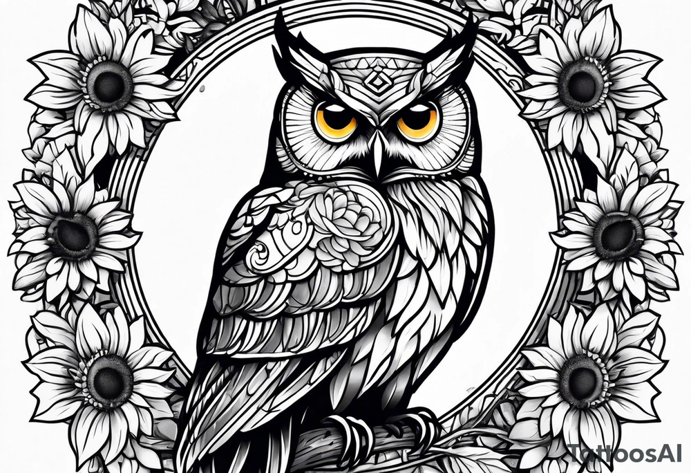 Owl with sunflowers leg sleeve tattoo idea