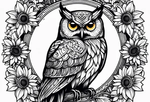 Owl with sunflowers leg sleeve tattoo idea