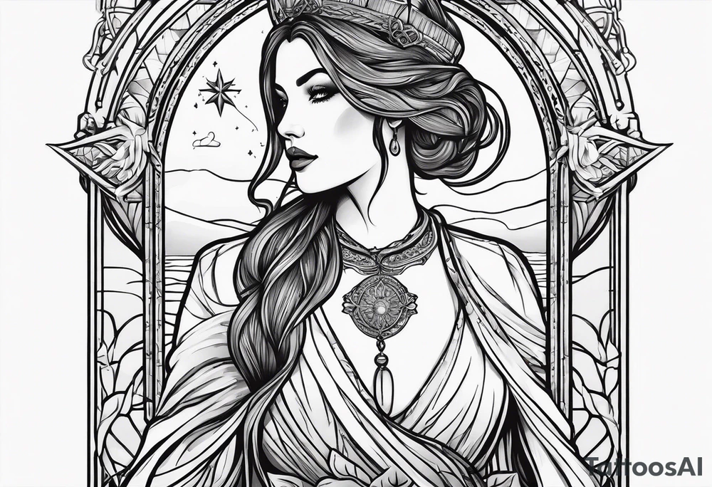 Lady of the lake in a tarot card design tattoo idea
