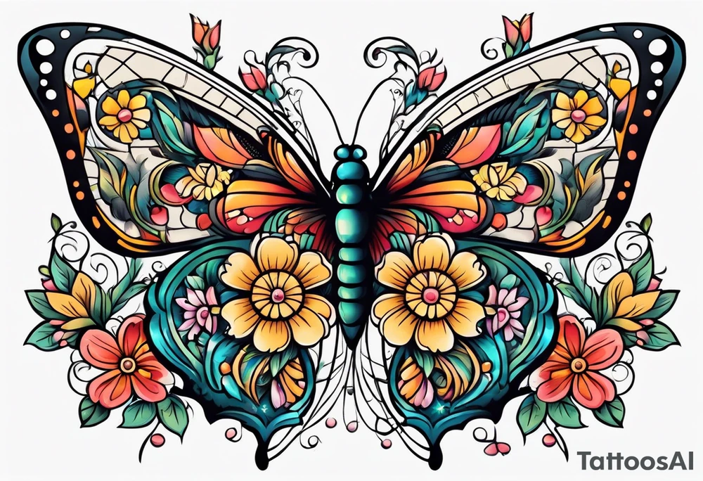 butterfly 
with flowers around it vintage old school traditional tattoo idea