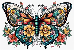 butterfly 
with flowers around it vintage old school traditional tattoo idea