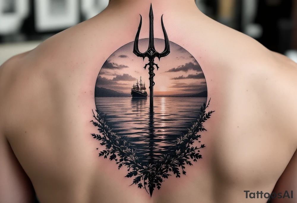 trident half way under calm water with sanger DXII boat and sunset tattoo idea