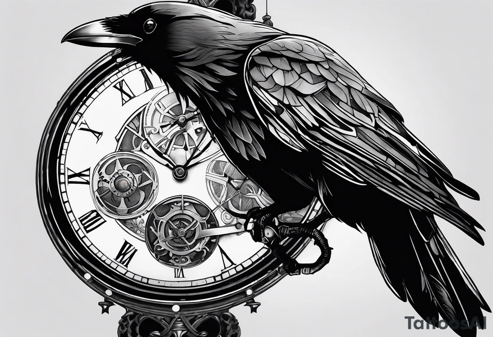 Raven sitting on a clockwork tattoo idea