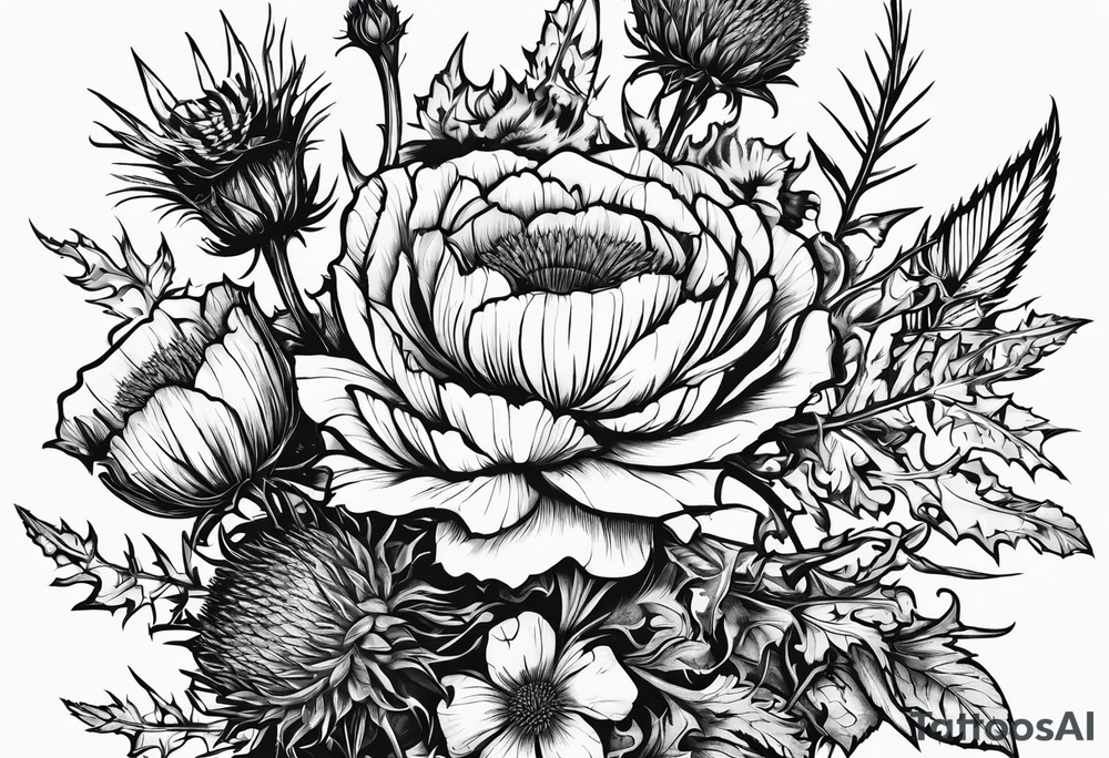 wildflowe bouquet including thistle with the lyricas "And I won't let me insecurities define who I am" around it tattoo idea