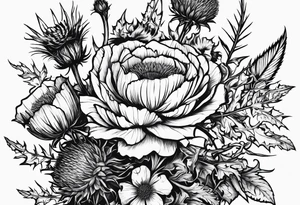 wildflowe bouquet including thistle with the lyricas "And I won't let me insecurities define who I am" around it tattoo idea