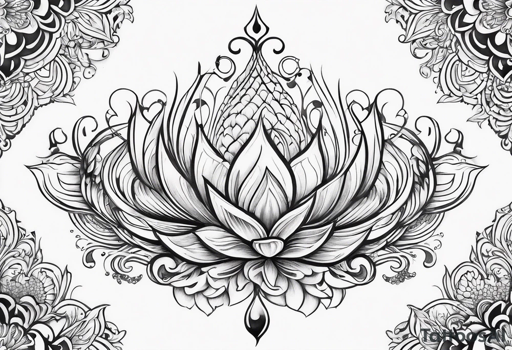 one vertical tattoo that combines lotus flower, phoenix and helix, strength and resilience symbols tattoo idea