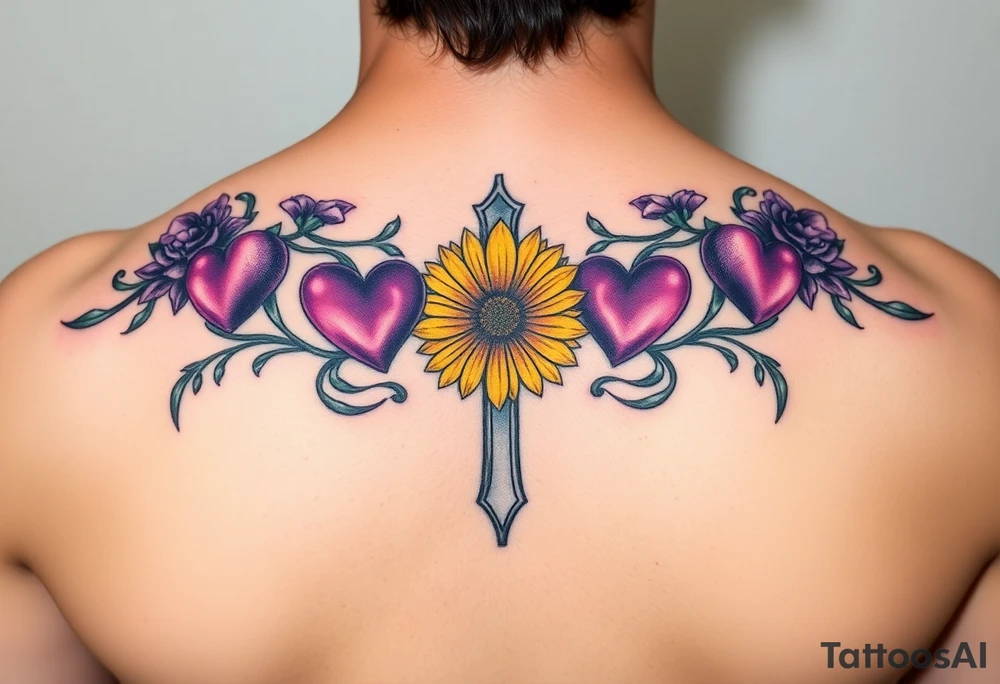 Purple Hearts & yellow Daisy around cross tattoo idea