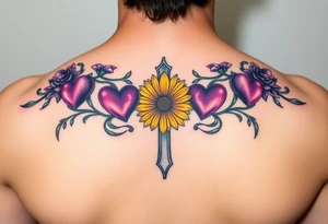 Purple Hearts & yellow Daisy around cross tattoo idea