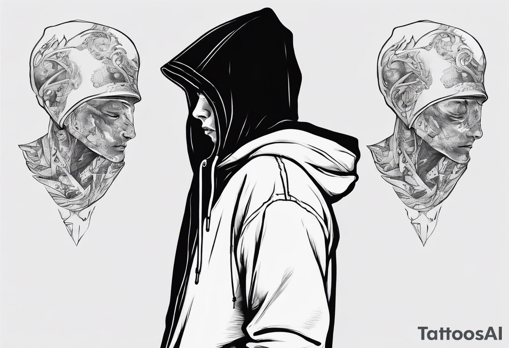 The side view of a person in a hoodie, looking down. tattoo idea