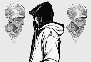 The side view of a person in a hoodie, looking down. tattoo idea