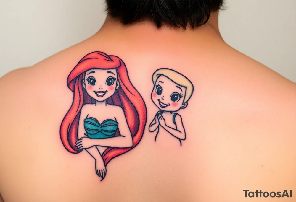 Ariel and Bell standing next to each other, smilling tattoo idea